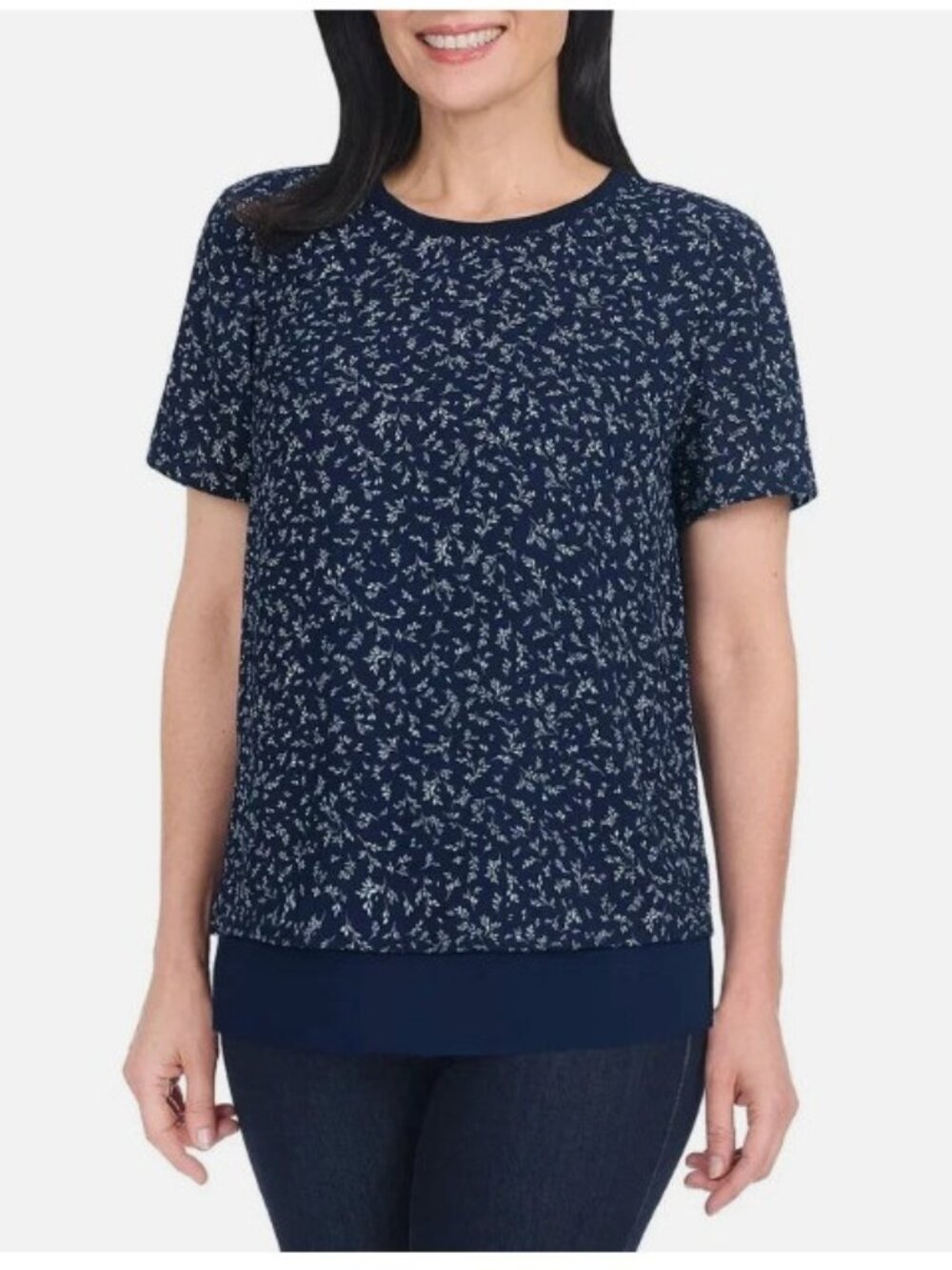 Hilary Radley Women's Short Sleeve Double Layer Blouse, Navy Combo, Size XL